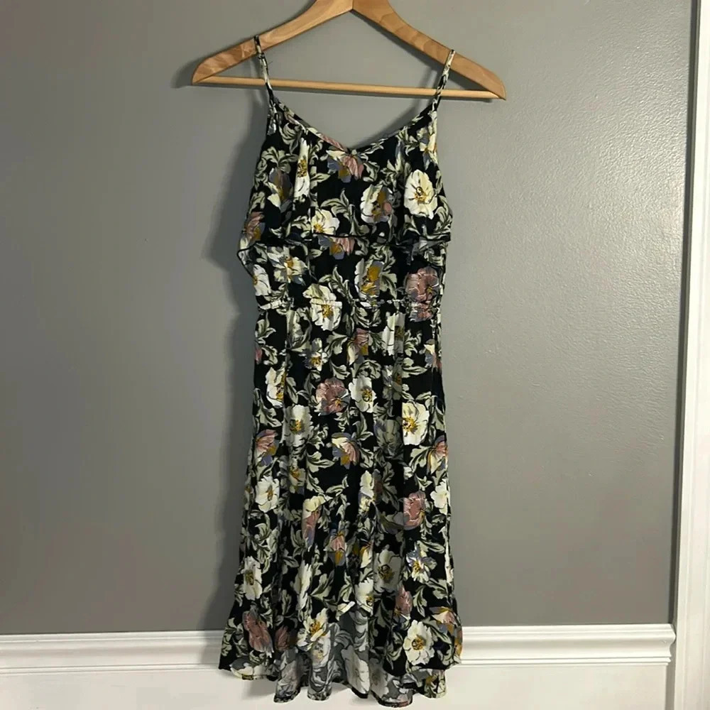 Xhilaration Floral Sleeveless Dress with Lace Up Back, Sz XS, Ruffle, Black - Picture 2 of 9